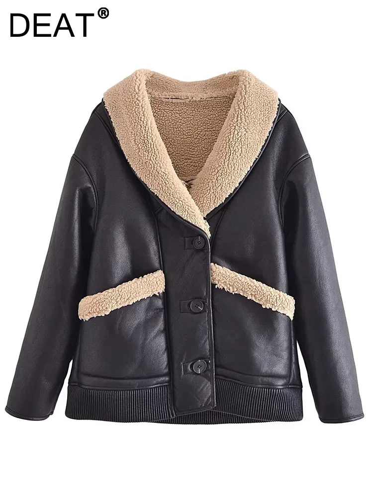

DEAT Fashion Women's PU Leather Jackets Fur Collar Long Sleeves Single Breasted Pockets Thick Warm Coats Winter 2023 New 7AB1852