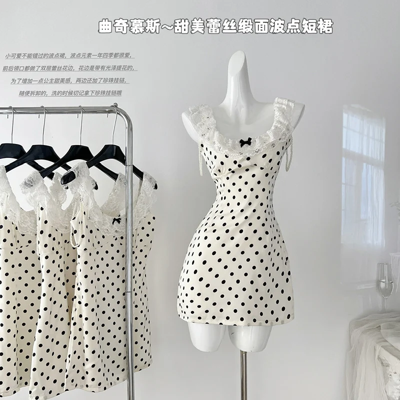 

French Retro Polka Dot Print Sexy Sling Dress Women 2024 New Lace Stitching Bodycon Mini Sundress Holiday Party