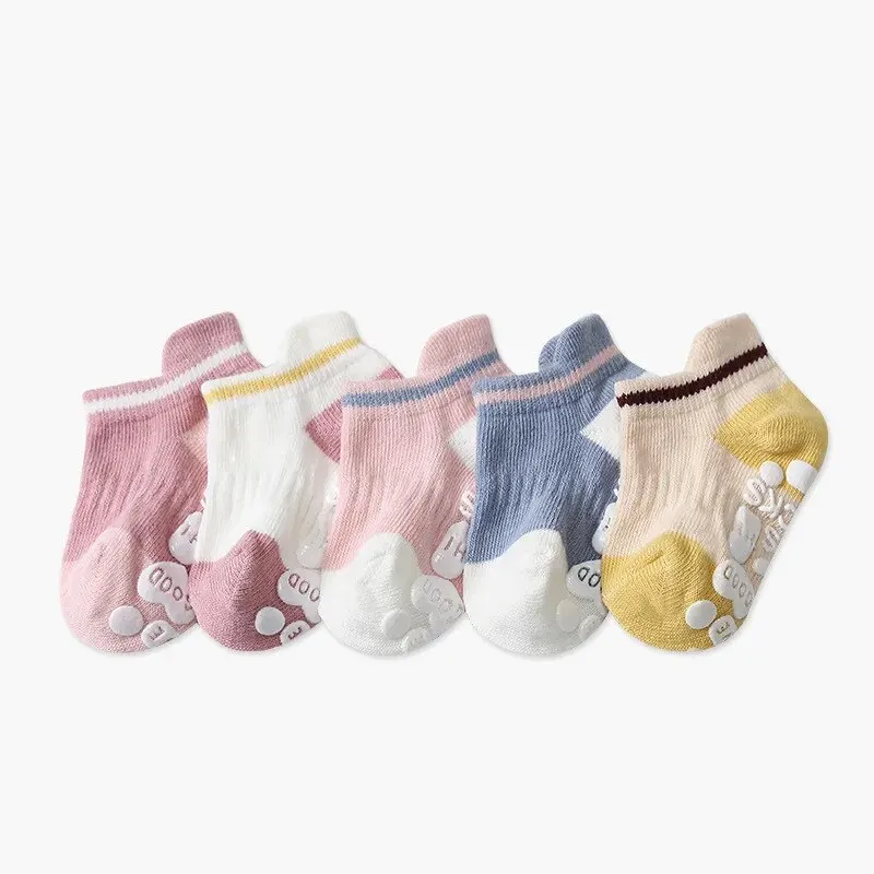 미끄럼 방지 솔리드 스트라이프 양말, 남아 여아, , 어린이 고무 바닥 양말, 코튼 메쉬 양말, 0-5 세, 5 켤레/로트