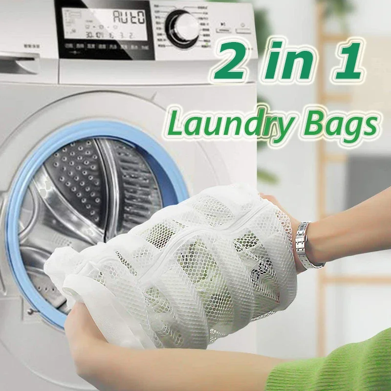 

2 In 1 Washing Machine Laundry Bag Mesh Protective Anti-deformation Shoes Clothes Bag Portable Zipper Design Travel Storage Bags