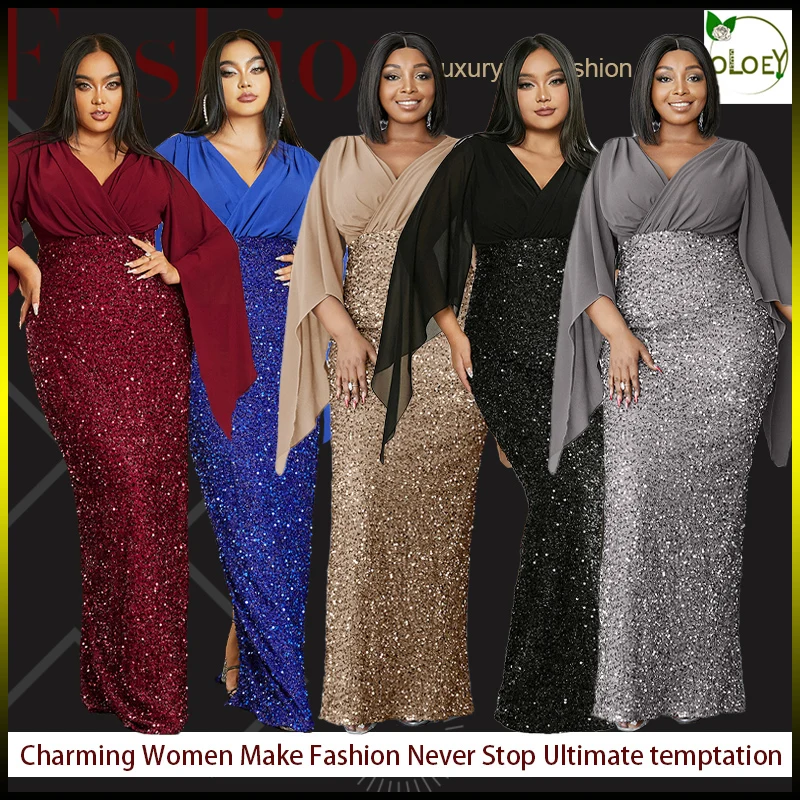 

2024 Plus Size Luxury Dress Shiny Chiffon Loose Sherfang Plus Size Elegant Banquet Midi V Neck Stylish and Elegant Evening Dress