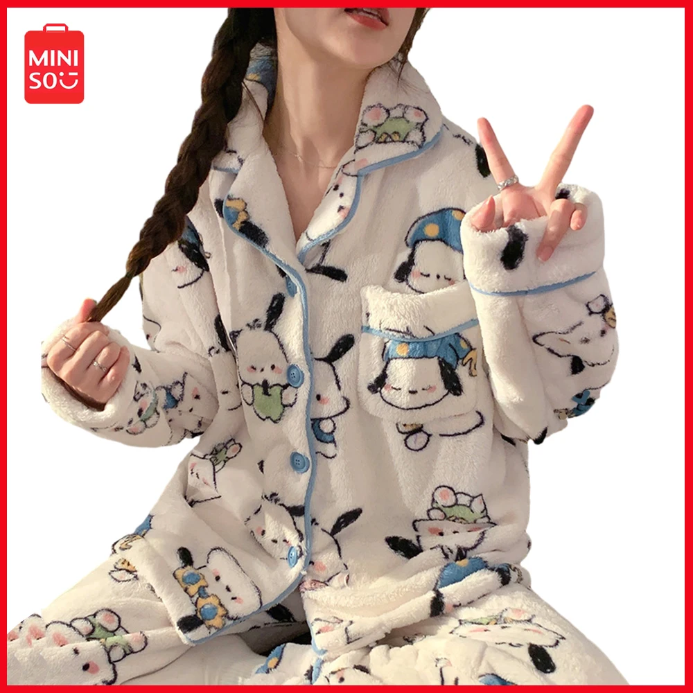 

Miniso Sanrio Pochacco Cartoon Anime Korean Version Women's Y2K Flannel Pajama Set for Home Warmth and Loose Fitting Casual Wear