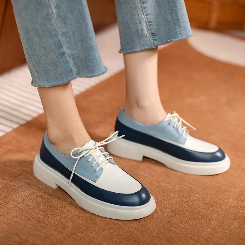 

Phoentin Women Genuine Leather british style Loafers Shoes Round Toe Platform Mixed Color Thick mid Heels casual pumps FT2995