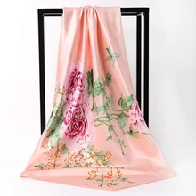 

90*90cm Versatile Silk Scarf Women Large Shawls Floral Print Stoles Square Bandana Luxury Brand Kerchief Scarves Female Foulard