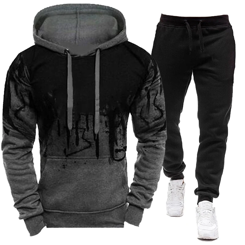 Fashion men's sportswear set Men's splashed ink hoodie+pants two-piece set Spring Autumn Winter jogging suit two-piece set