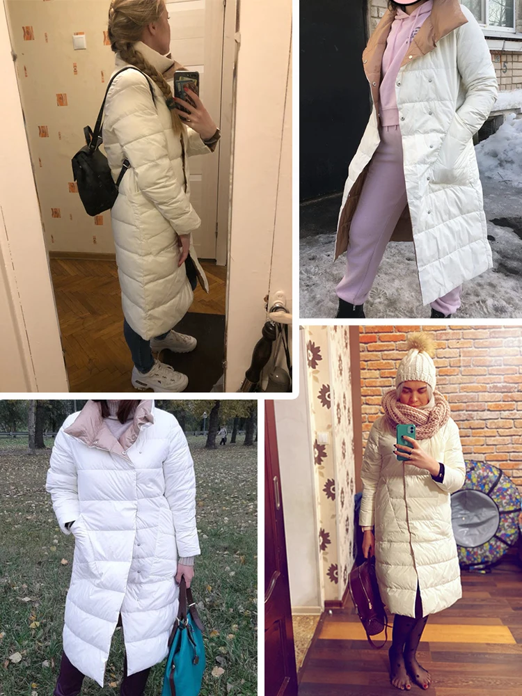 FTLZZ Women Double Sided Down Long Jacket Winter 90% White Duck Down Coat Double Breasted Warm Parkas Snow Outwear images - 6