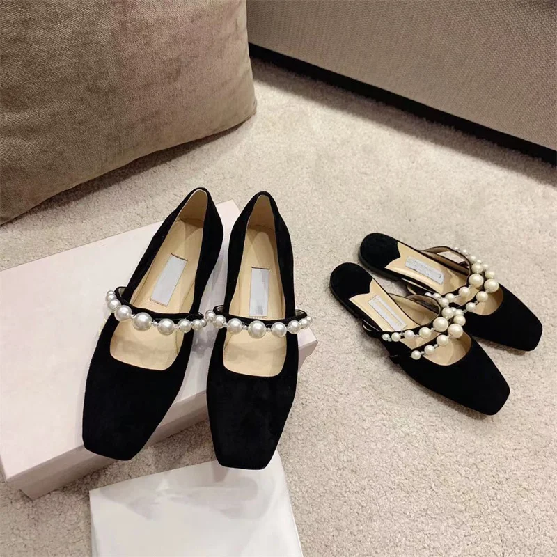 

2023 Spring and Autumn New One line Leather Flat Bottom Mary Jane Shallow Mouth Pearl Square Head Single Shoes for Women