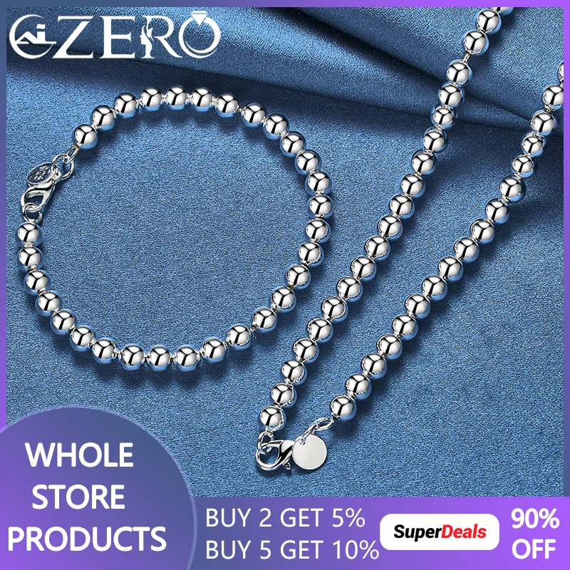 925 Sterling Silver Smooth Surface 6mm Beads Chain Bracelet Necklace For Women Fashion Jewelry Set Lady Elegant Accessories
