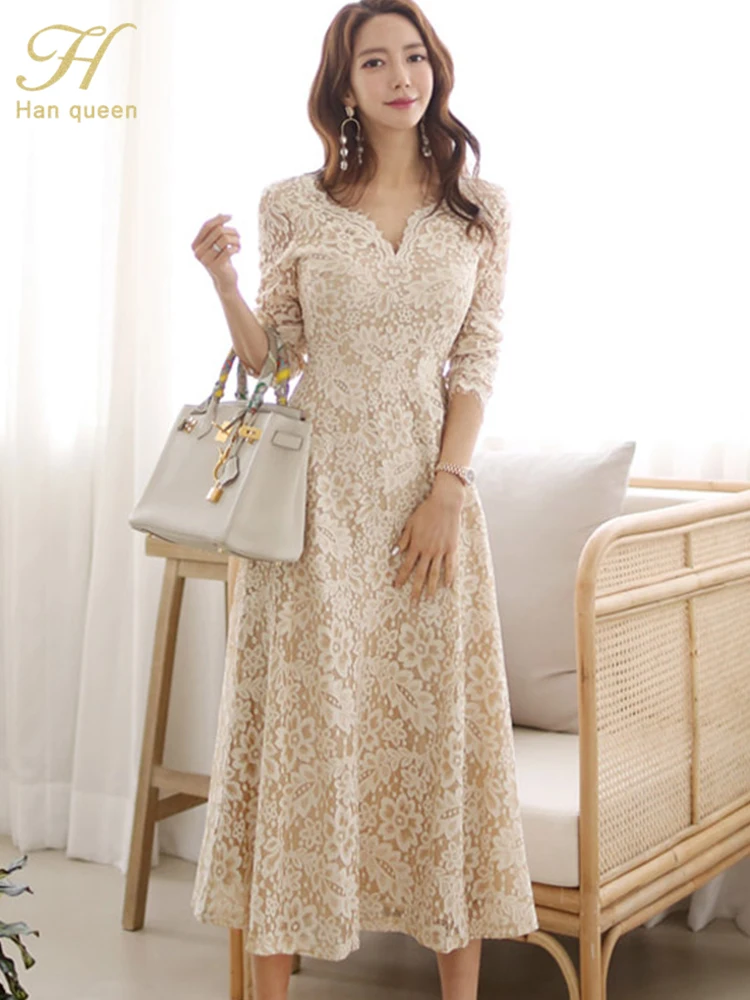 H Han Queen Temperate A-line Lace Dress Women Spring Full Sleeve Long ...