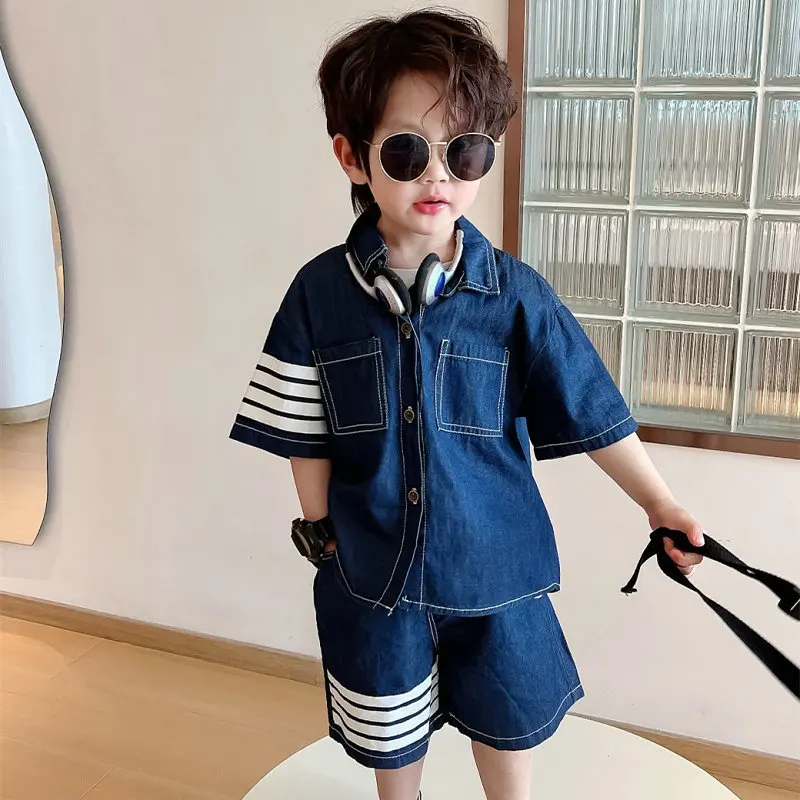 

Boys Set Striped Denim Shirt with Shorts, New Summer Clothing for Children Cowboy Clothing Handsome Boy Clothes