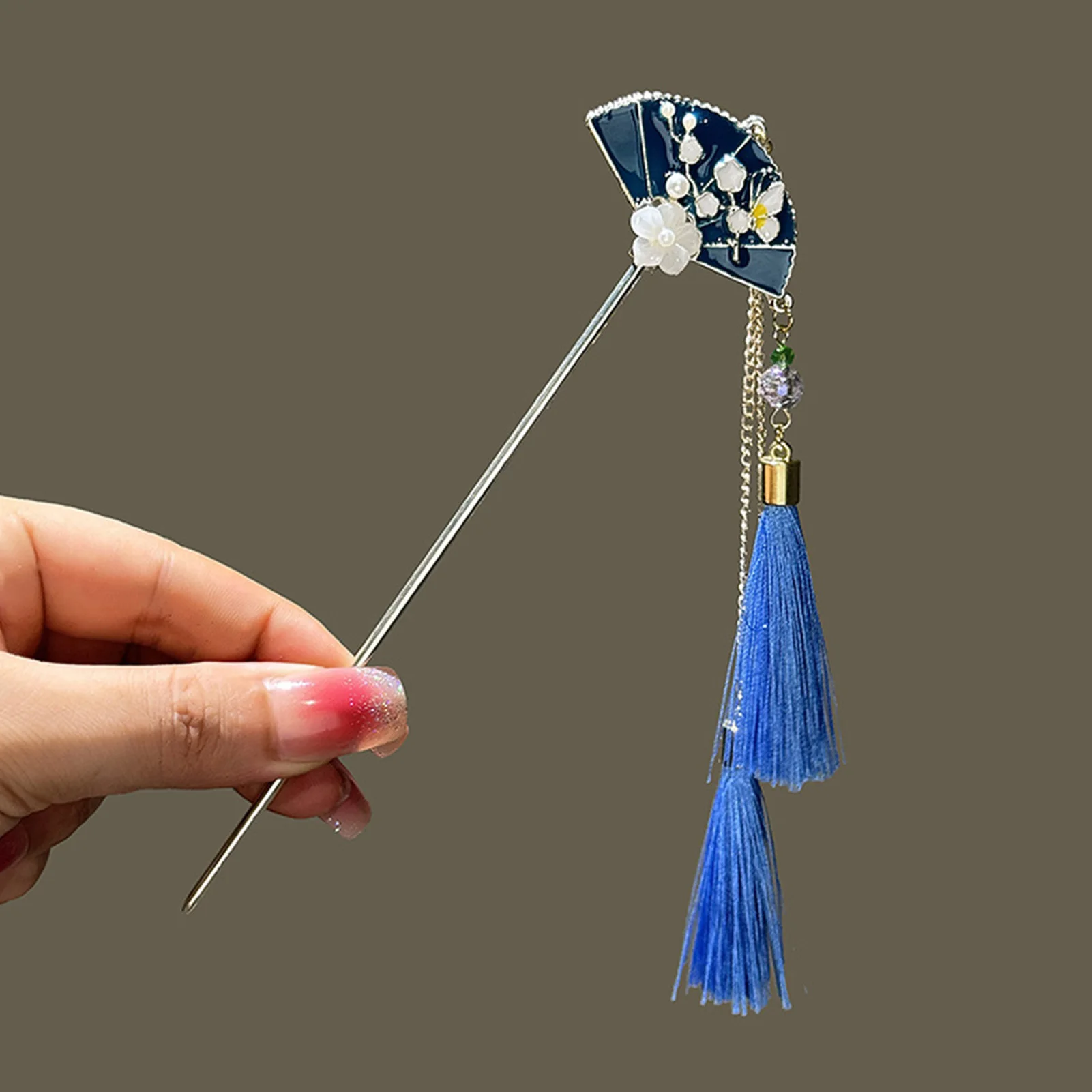 Bastoncino per capelli antico ventaglio blu con nappe fiore_voghion.com