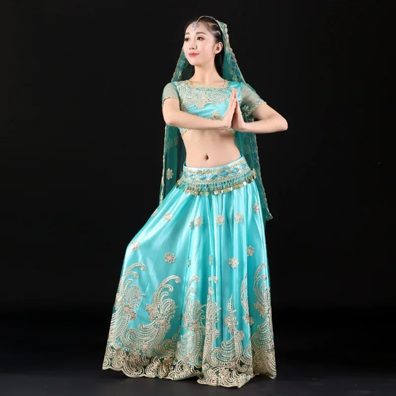 

4 Colors Belly Dance Outfits Indian Dance Embroidered Bollywood Costume Set Long Skirt Top Belt Sari 4pcs Festival Performance