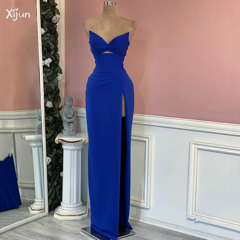 

Xijun Sexy Blue Mermaid Prom Dresses Deep V Neck Sleeveless High Split Pleated Party Dress Pleated Robes De Soirée Evening Gown