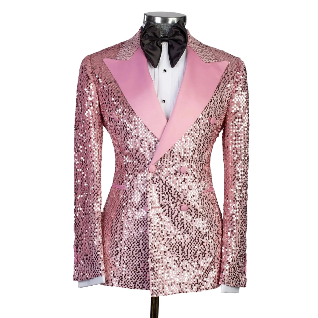 Hot Pink Sequins Men Wedding Tuxedos Double Breasted Groom Wear Tailored Party Prom Coat Business Jacket 2 Pieces