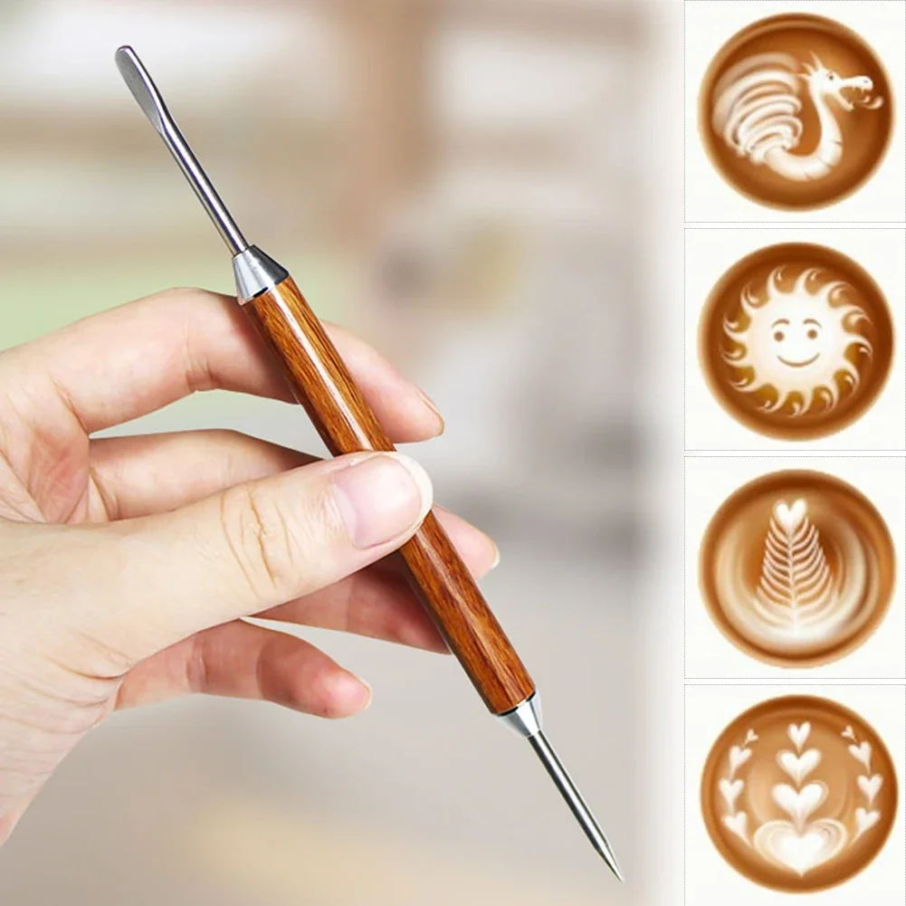 Household Latte art Pen Coffee Needle Carved and Mounted Artifact Solid Wood Hook Needle Milk Foam Stainless Steel Drawing