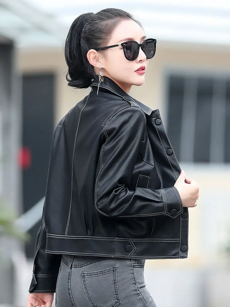 New Women Small Leather Jacket Casual Fashion Moto & Biker Style Shirt Collar Sheepskin Short Coat Split Leather Slim Outerwear
