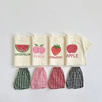 Fruit Pattern T-shirt Children's Clothes Summer Fashion Casual Korean Style Short Sleeve Suit Tees + Plaid Shorts Kids Outfits
