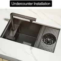 Nano Black Small Size Kitchen Sink Cup Washer Hidden Bar Counter Cover Concealed Single Bowl Sinks with Lifting Faucet 2