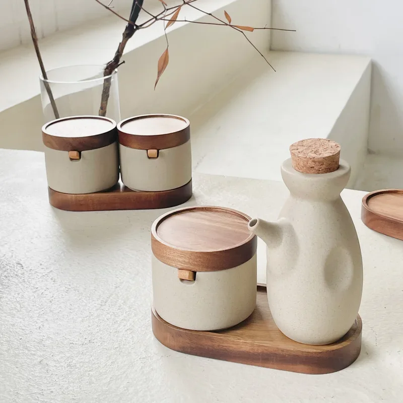 Ceramic Storage Jar Vintage Ceramic Seasoning Jar Japanese Style Home Kitchen Salt Chili Sugar Jar Oil Pot Wooden Lid Spice Kitchen Utensils Modern