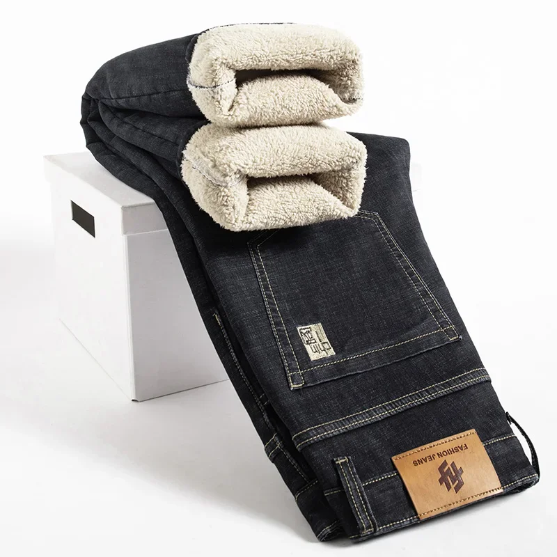 Classic Men's Business Casual Velvet Jeans 2024 New Winter Chinese Embroidery Straight Loose Warm and Comfortable Thick Pants 2