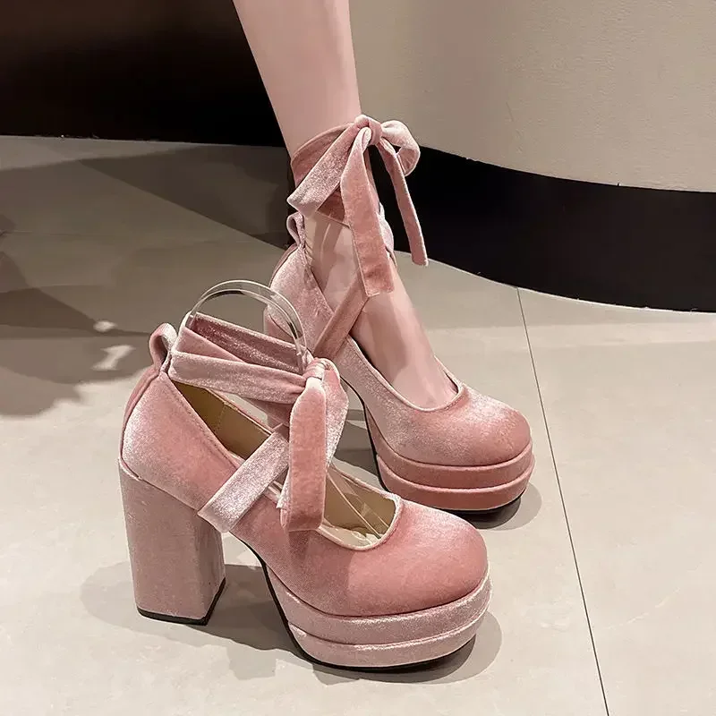 Platform Mary Janes Shoes Women Suede Luxury High Heel Lace Up Trend Lolita Shoes Elegant Chunky Party Pumps Zapatos De Mujer