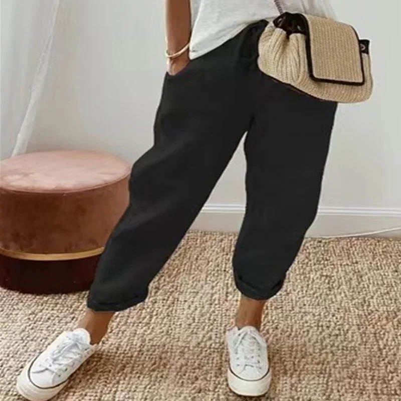 Womens Clothing Drawstring Loose-fitting Cotton Linen Trousers Summer Solid Color Pockets Elastic Casual Nine Points Pants