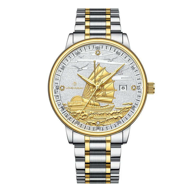 Luxurious Gold Men's Watch with Luminous Dial and Calendar Function