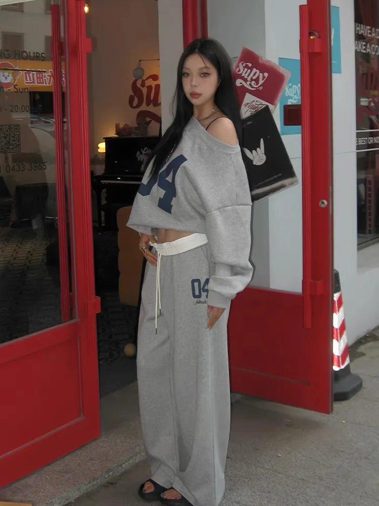 HOUZHOU Casual 2 Piece Sets Women Outfit Pant Sets Oversized Korean Style Jersey Set Vintage Letter Print Off Shoulder Tracksuit 6