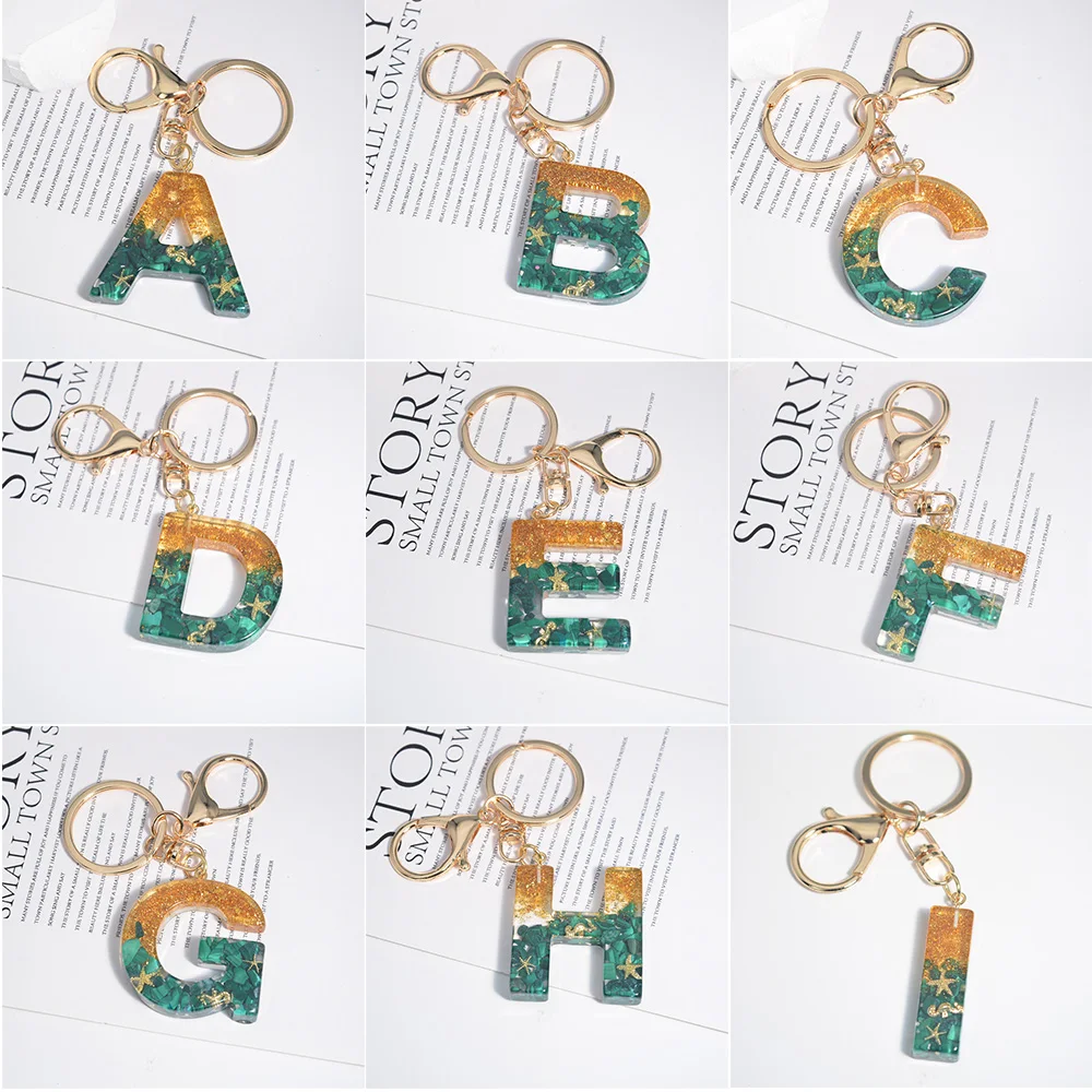 Letter M Keychain with Green Fluffy Pompom Pendant Key Chain Glitter Gold Foil Sequins Resin Key Rings Fashion Purse Bag Ornament Car Keyring Key