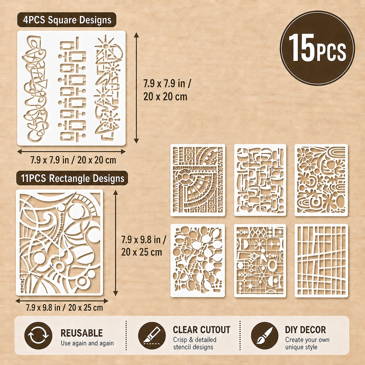 1PC 20x20cm 4PCS + 20x25cm 11PCS 스텐실 템플릿 재사용 가능한 사각형 직사각형 그림 DIY 벽 목재 패브릭 아트