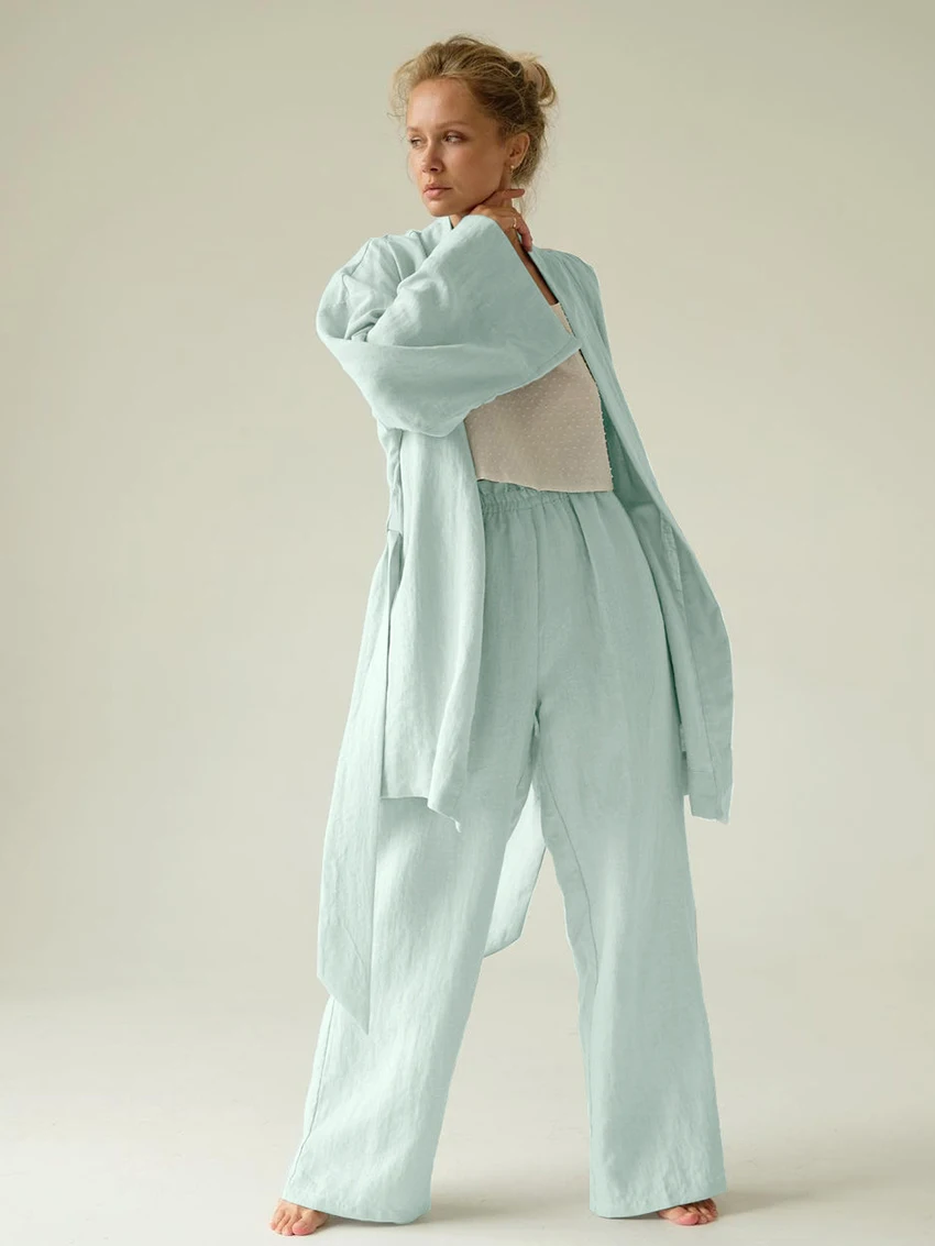 Marthaqiqi Loose Female Pajamas 2 Piece Suit Sexy V-Neck Sleepwear Long Sleeve Nightie Lace Up Pyjamas Pants Women'S Ladies Set