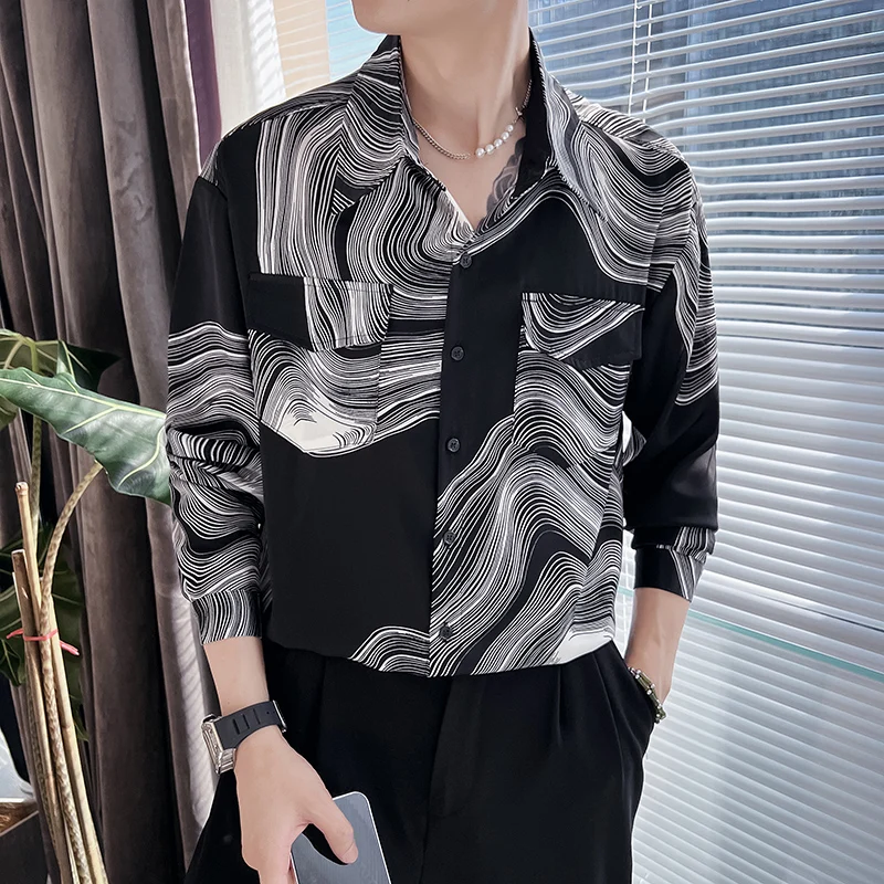 

2023 Men Spring Autumn New Social Long Sleeve Shirts Men Slim Fit Vintage Printes Blouses Men's Fashions Dress Clothing E82