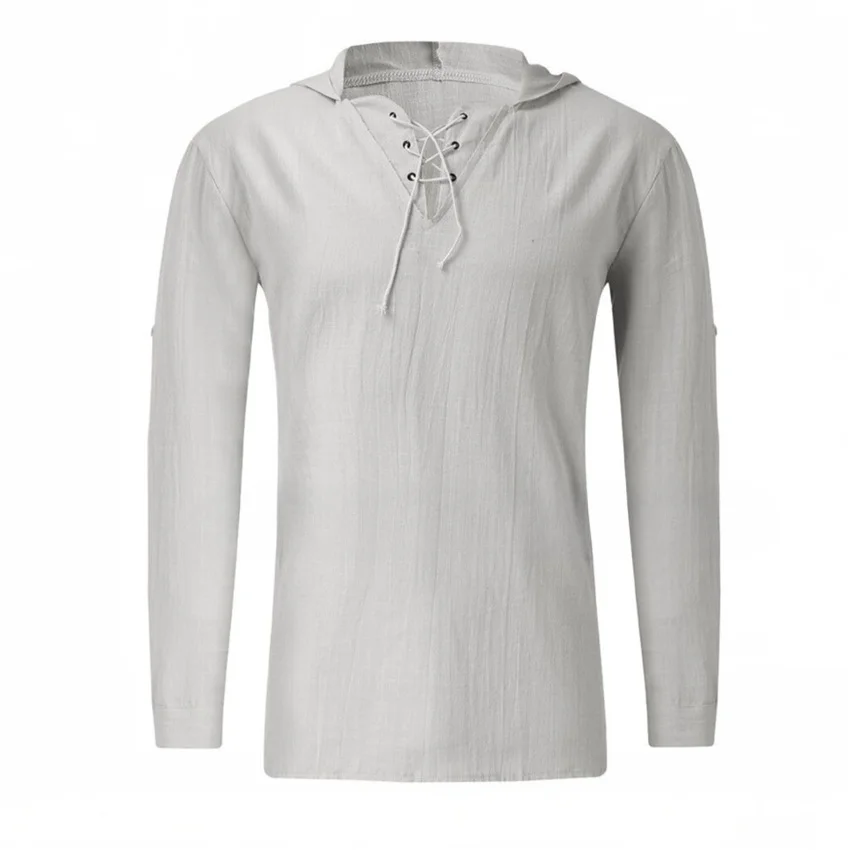Summer Foreign Trade New Cross-border Cotton and Linen Long-sleeved Half-button V-neck Tie Collar Big Hooded Youth Shirt