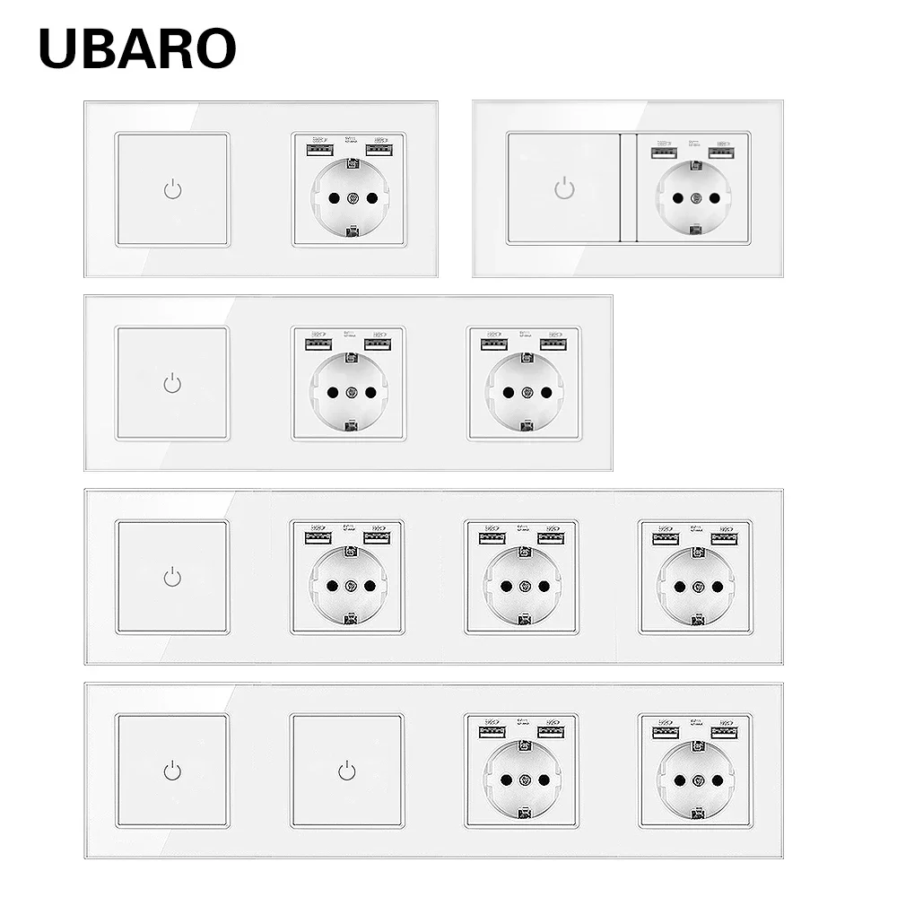 UBARO crystal glass panel touch light switch and European standard socket combination wall panel power socket 220V pop-up socket