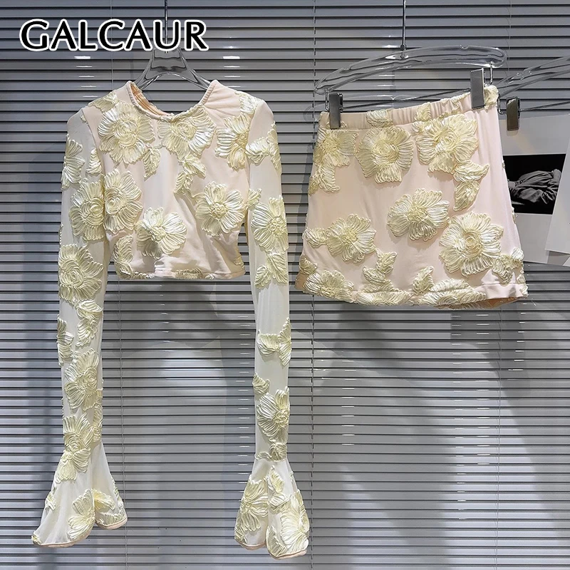 

GALCAUR Spliced Appliques Two Piece Sets For Women Round Neck Flare Sleeve Tops High Waist A Line Mini Skirts Elegant Set Female