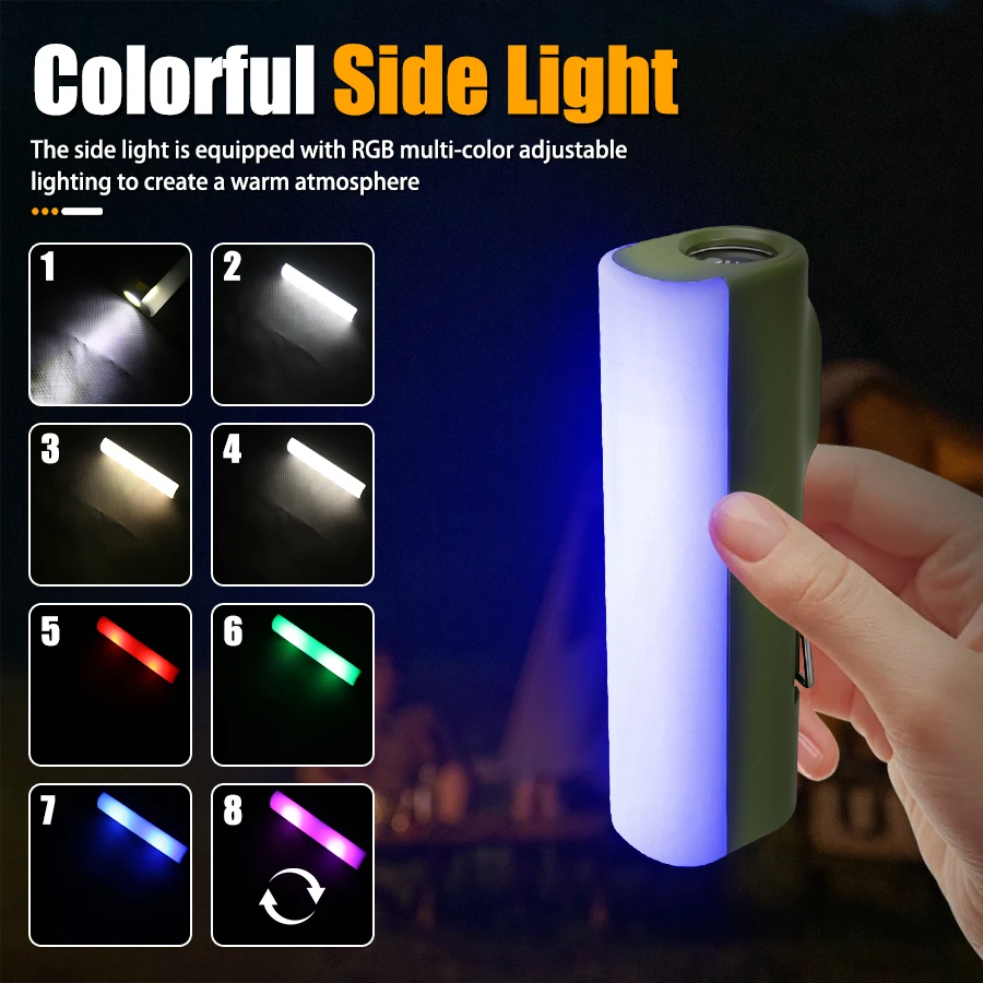 KDULIT LED 손전등 USB 충전식 토치(이중 광원 포함) 7가지 조명 모드 야외 캠핑 낚시용 후크가 있는 램프