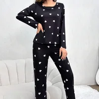 Ensemble de pyjamas College d'amour pour femmes, col rond, manches longues, pantalons longs, vêtements de nuit confortables pour filles, vêtements d'intérieur décontractés, automne et hiver 3