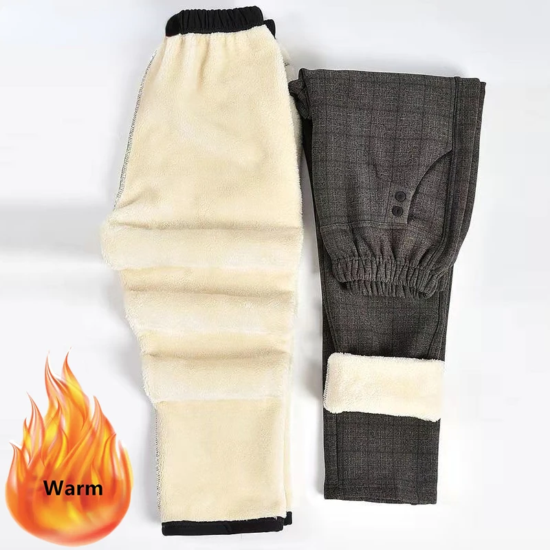 Thicken Lambwool Straight Pant Women Winter Fleece Lined Plaid Baggy Trouser Oversized 5xl Warm Casual Black Striped Pantalons