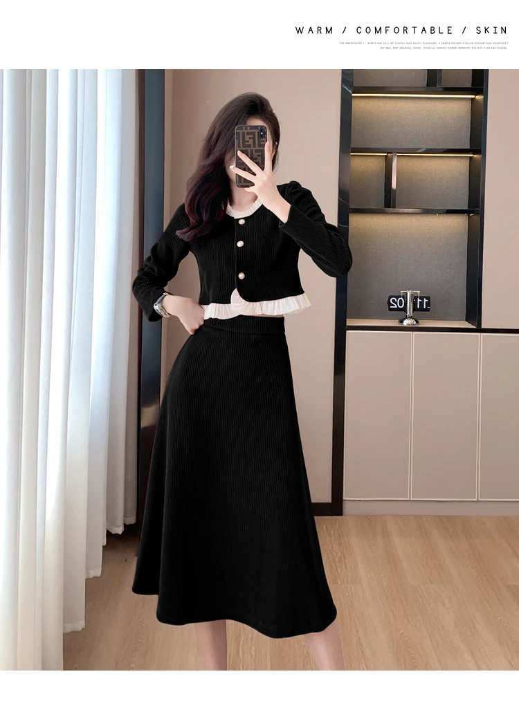 Autumn Winter Corduroy Two-piece Skirt Set Women Long Sleeve Ruffles O-neck Top Solid Midi Skirt Korean Fashion Outfits New