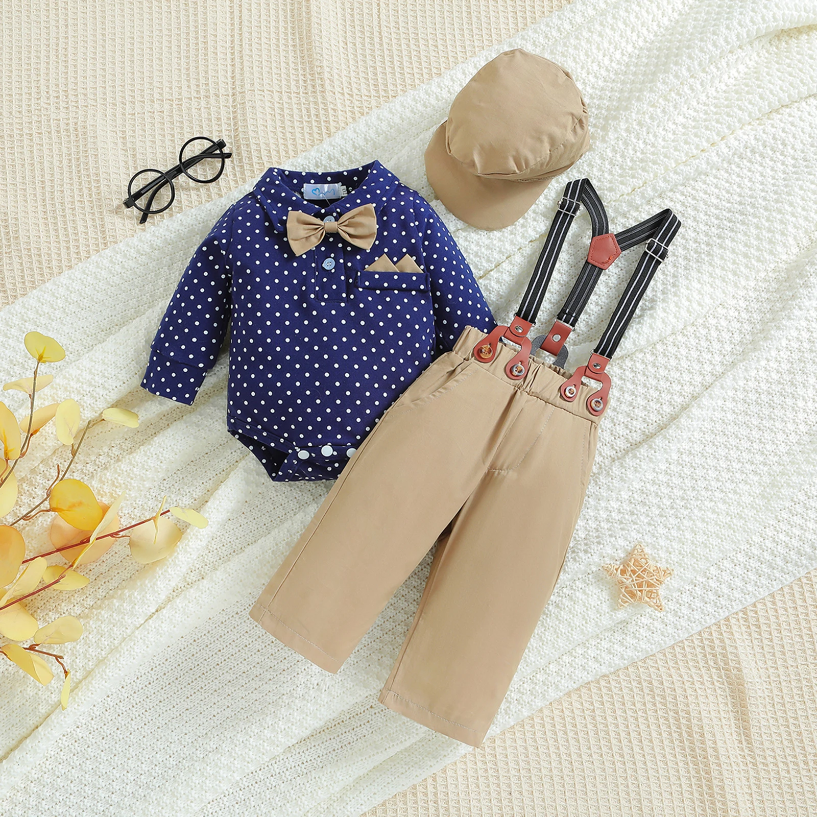 FOCUSNORM 0-18M Autumn Baby Boys Gentleman Clothes Sets 3pcs Long Sleeve Polka Dots Print Shirt + Suspender Pants + HaT