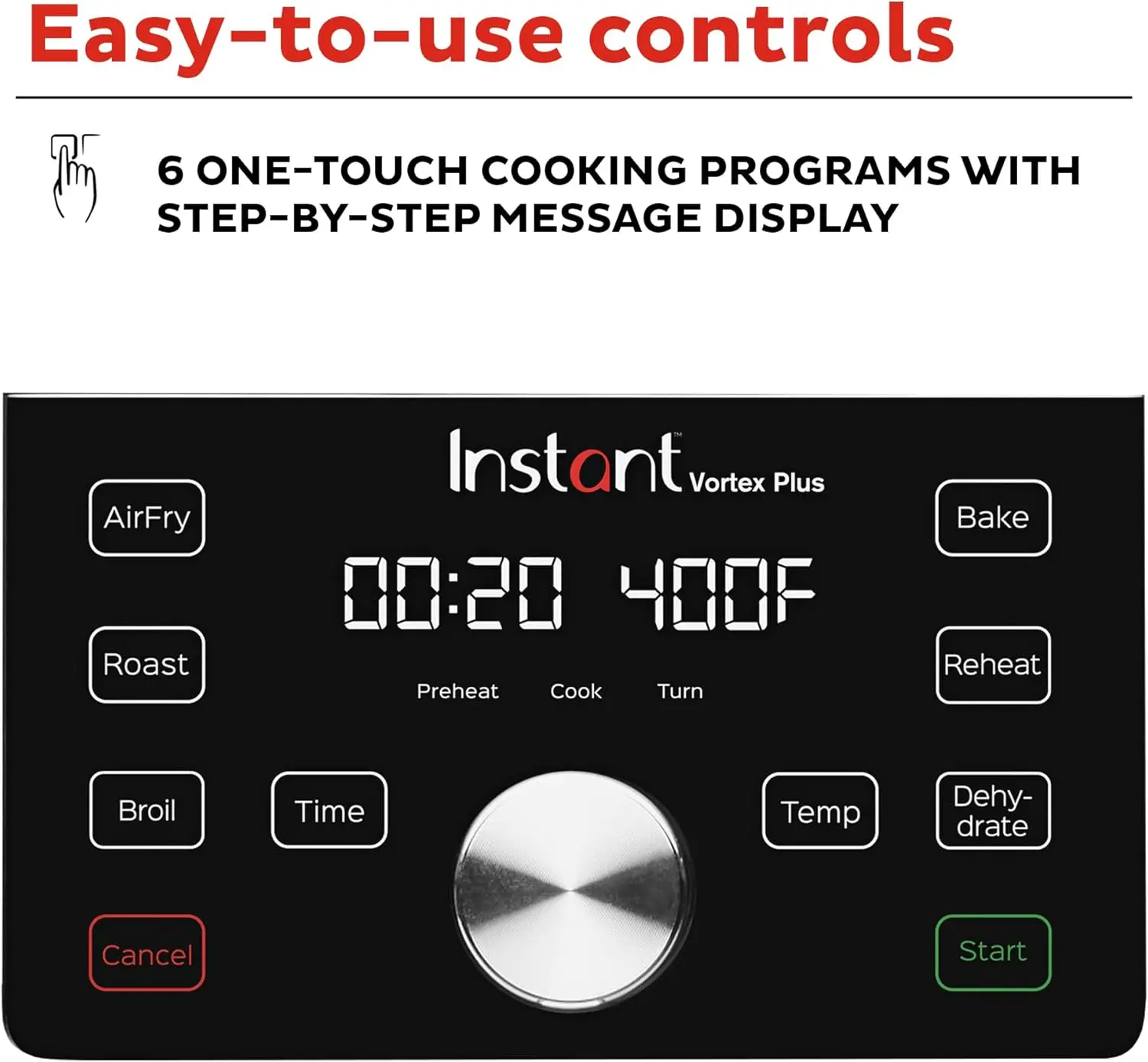 Vortex Plus 4QT Air Fryer Program Options 6-in-1 Functions Crisps Broils Roasts Dehydrates Bakes Reheats
