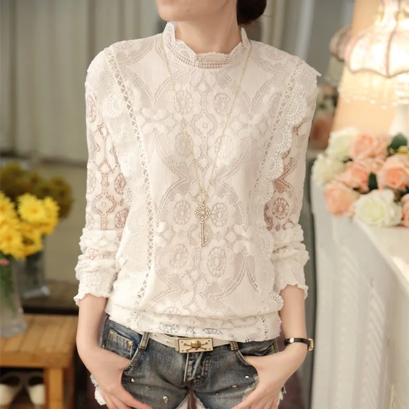 New Arrival 2025 Autumn Women Blouses Long Sleeve Fashion Casual Chiffon Shirts Stand Floral Lace Blouses Casaul Tops 07F 25