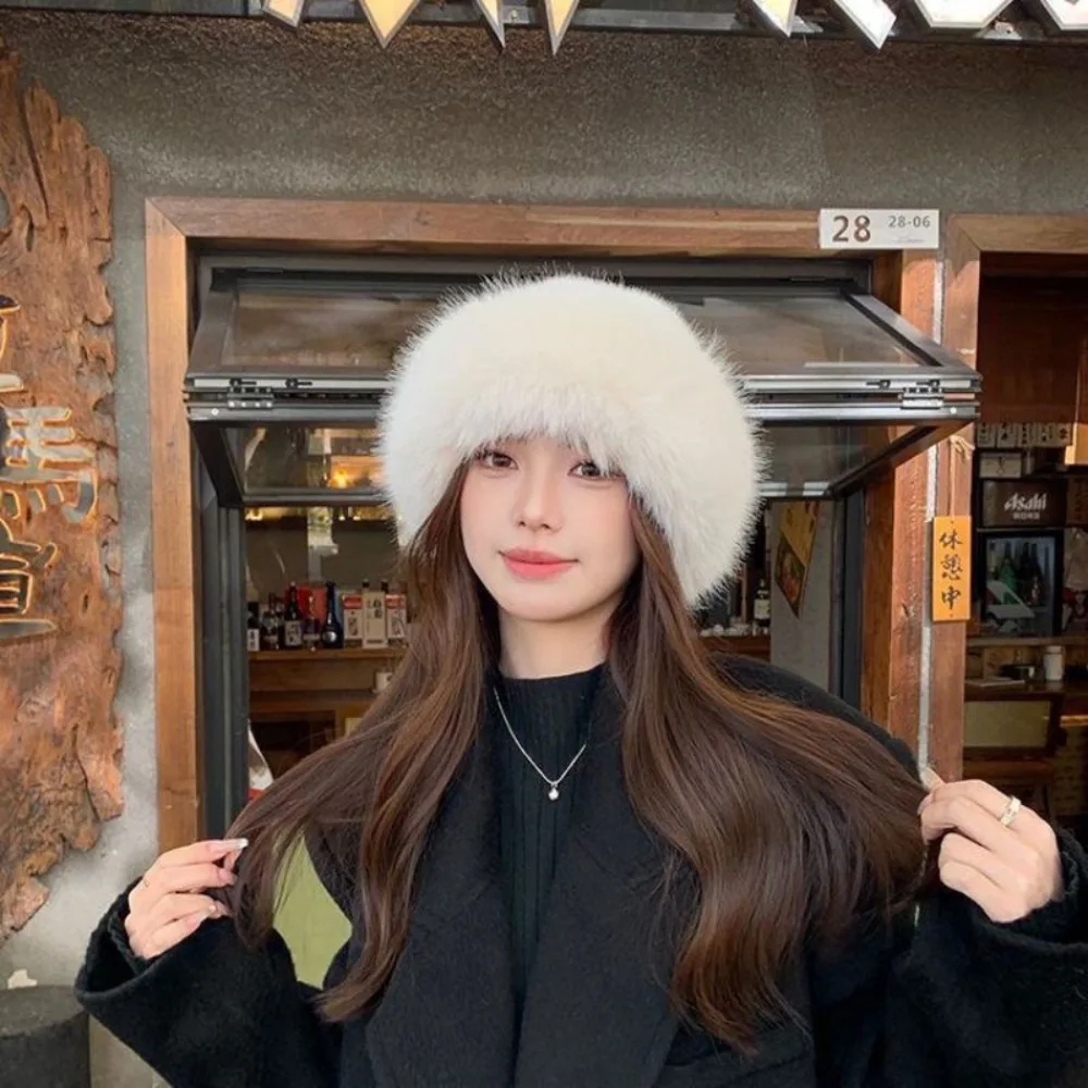 Fluffy Fur Bucket Hat For Women Plush Fisherman Hat Women's Winter Thicken Cold Snowy Day Panama Cap