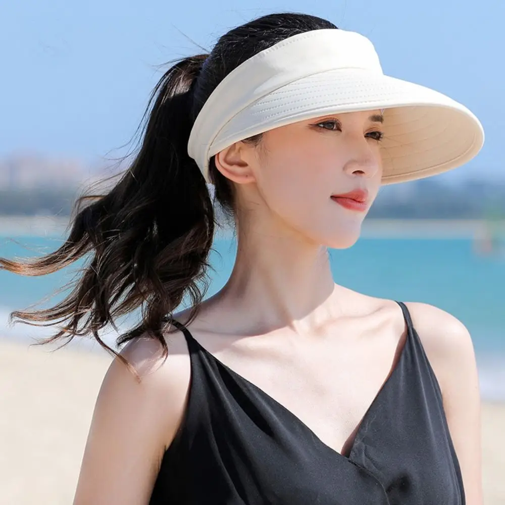 Women Summer Sun Hat Casual Foldable Wide Brim Detachable Empty Top Ponytail Cap Adjustable UV Protection Sun Hat 5