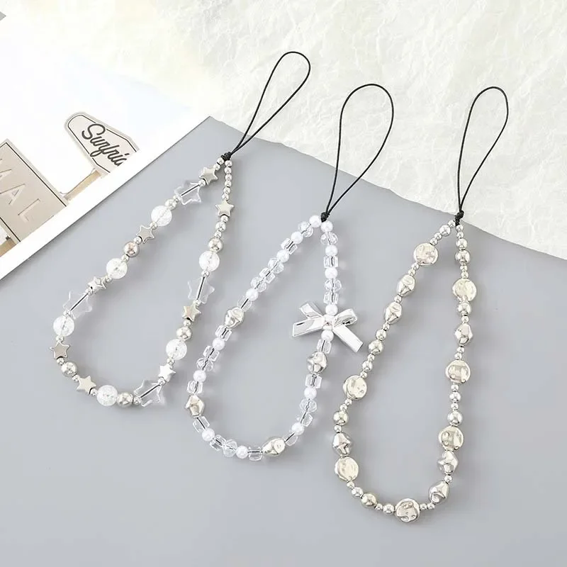 Trendy Crystal Pearl Tassel Bow Phone Lanyard New Jewelry for Women Bohemian Star Love Anti Loss Wrist Strap Cellphone Case Rope