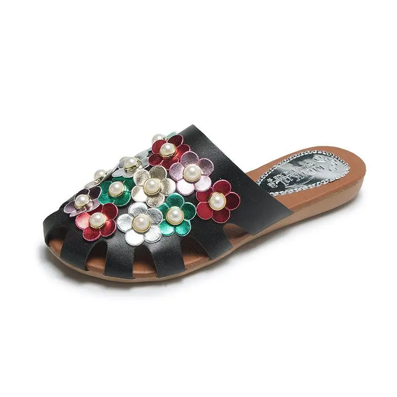 

Outdoors Slippers Summer Pearl Hollow Toe Head Women Flat Slippers Bottom Fashion Temperament Outer Wear Slides Women