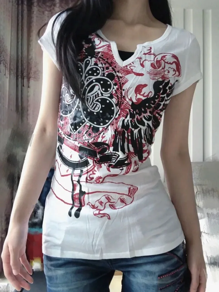 HOUZHOU Punk Harajuku Graphic Tshirts Women Japanese Style Y2k Vintage 2000s Aesthetic Grunge Top Gothic Short Sleeve Streetwear 3