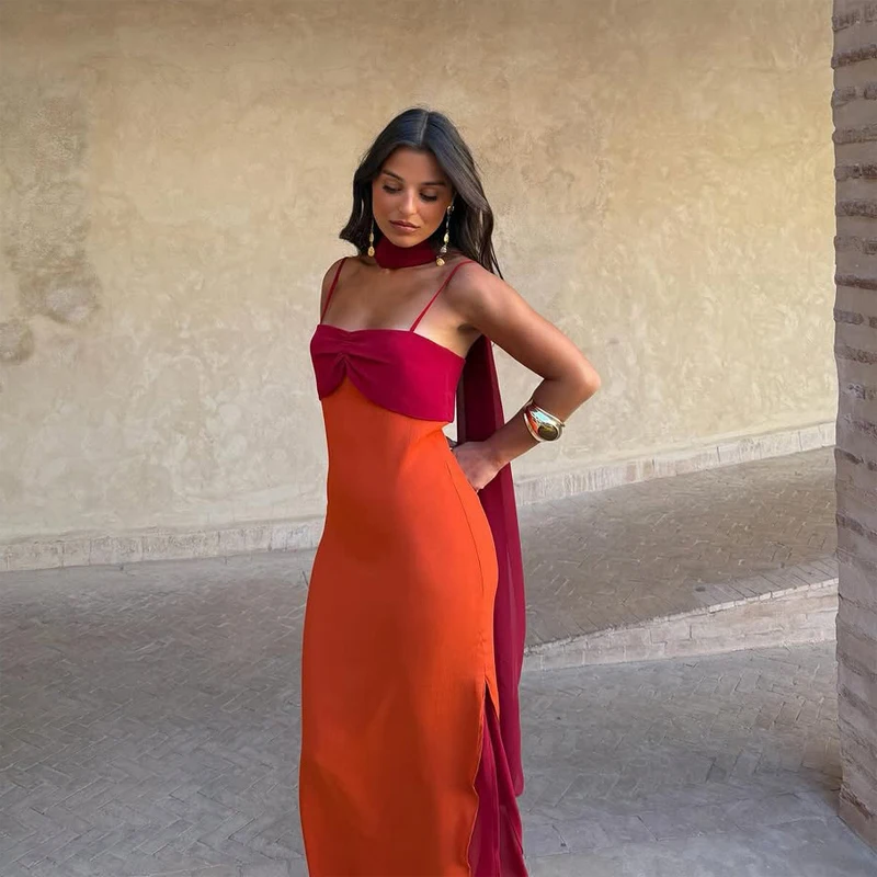 Robe longue soiree bretelles fines color block 2028