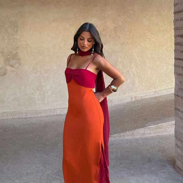 Robe longue de soirée pour femme à bretelles fines, col écharpe, color block, fente haute, longueur ras du sol, pour fêtes