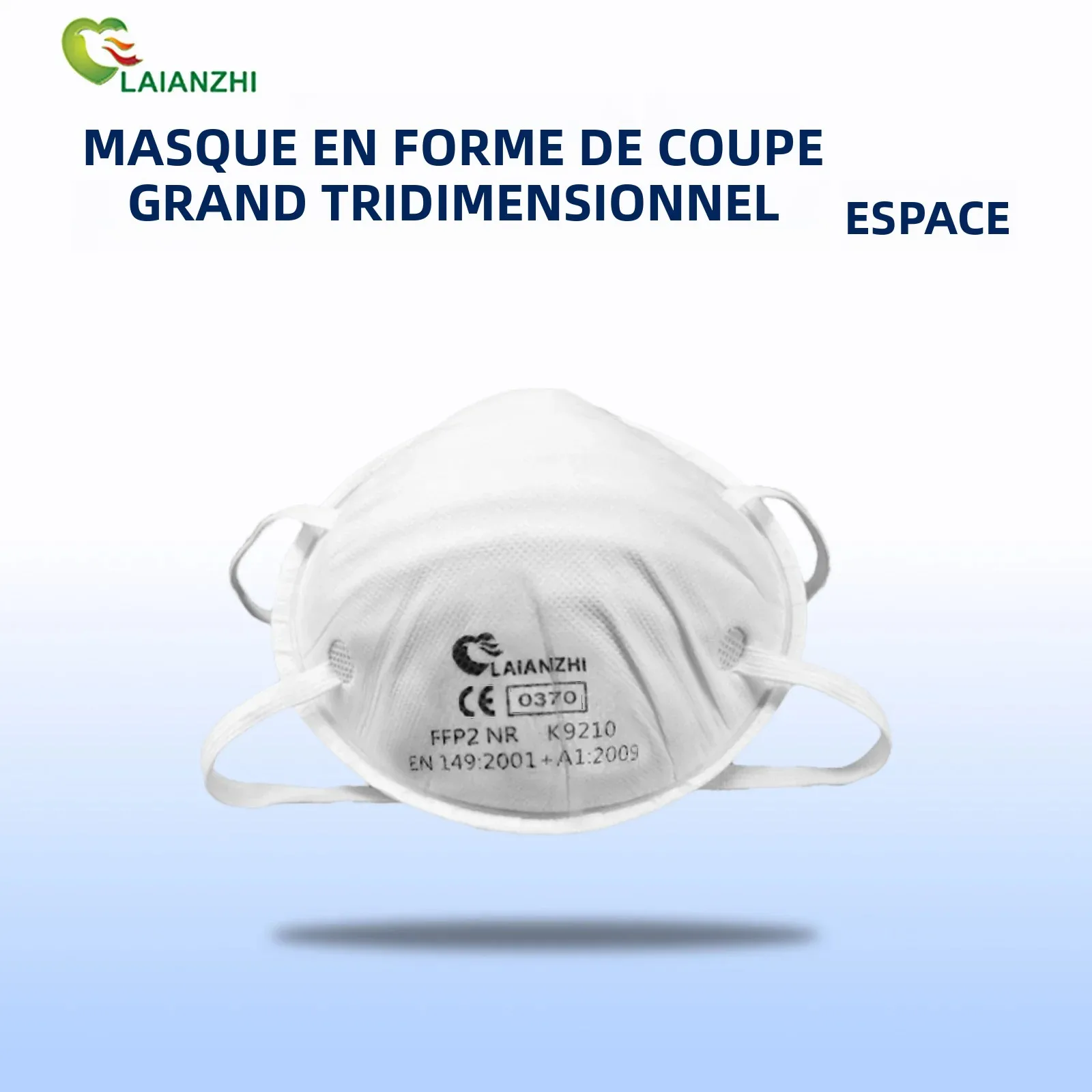 Paquet ouvert de masques FFP2 LAIANZHI, avec un masque partiellement sorti, certifié CE.